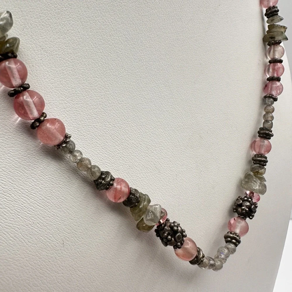 Vintage 90s Strawberry Quartz Labradorite Beaded‎ Necklace Boho Women's Jewelry